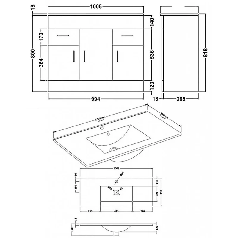 Lomond 1000mm Floor Standing Vanity Unit & Minimalist Basin - Gloss White