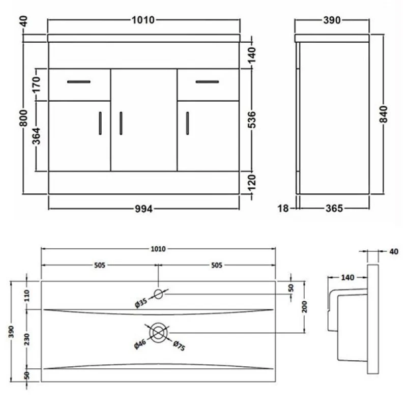 Lomond 1000mm Floor Standing Vanity Unit & Mid-Edge Basin - Gloss White