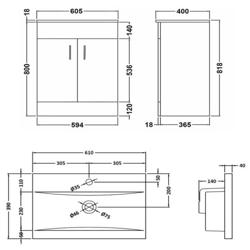 Lomond 600mm Gloss White Floorstanding Vanity Unit With Ceramic Basin - Chrome Handles & Overflow Cover