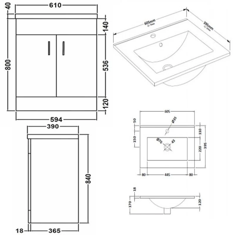 Lomond 600mm Floor Standing Vanity Unit & Minimalist Basin - Gloss White