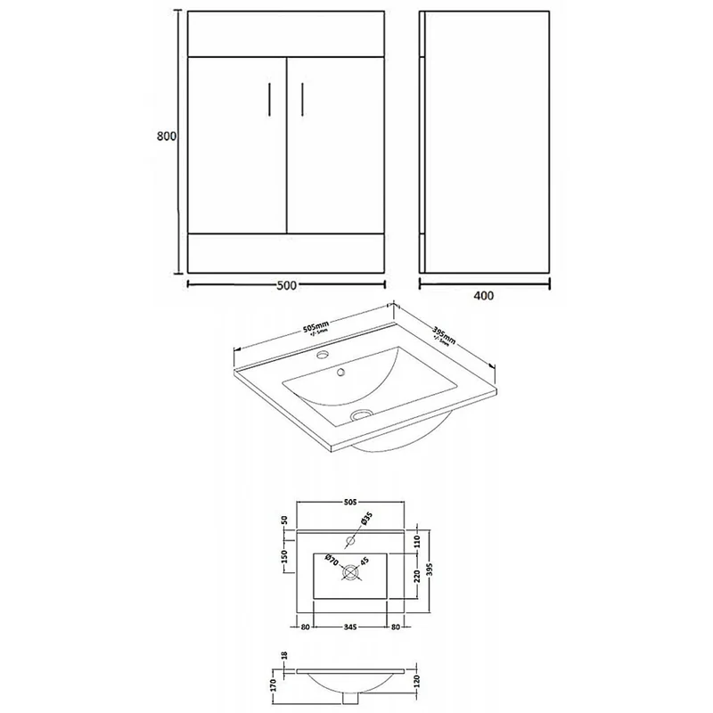 Lomond 500mm Floor Standing Vanity Unit & Minimalist Basin - Gloss White
