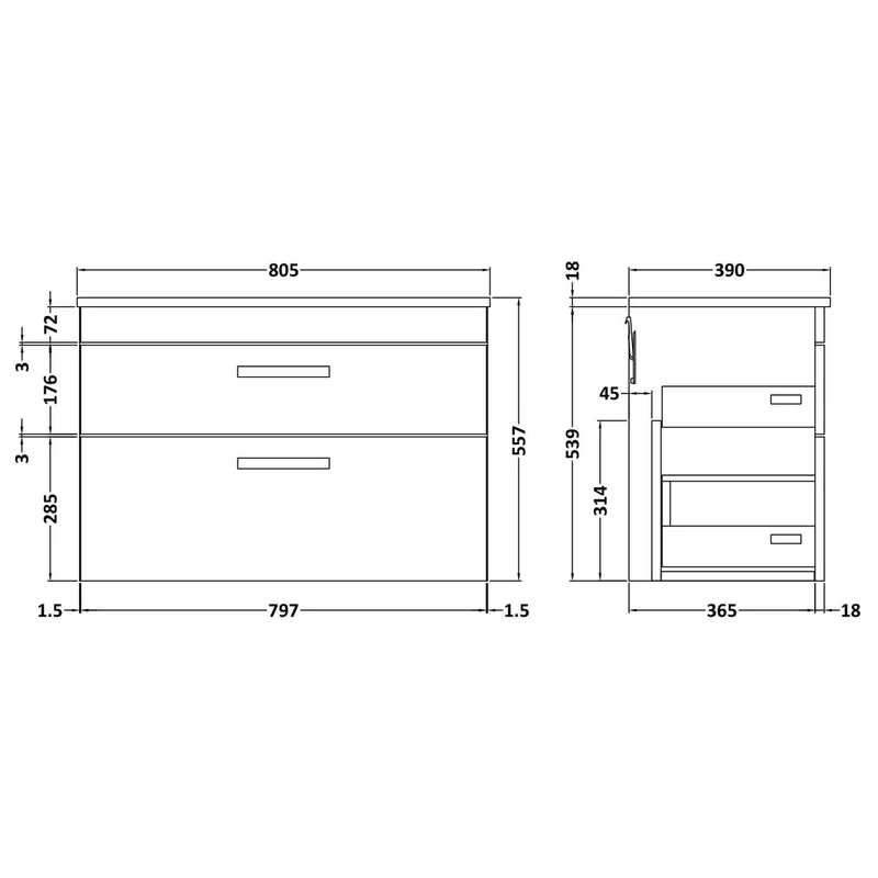 Cape 800mm Wall Hung 2 Drawer Vanity Unit & Worktop - Charcoal Black