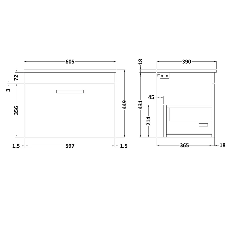 Cape 600mm Wall Hung Single Drawer Vanity Unit & Worktop - Gloss White