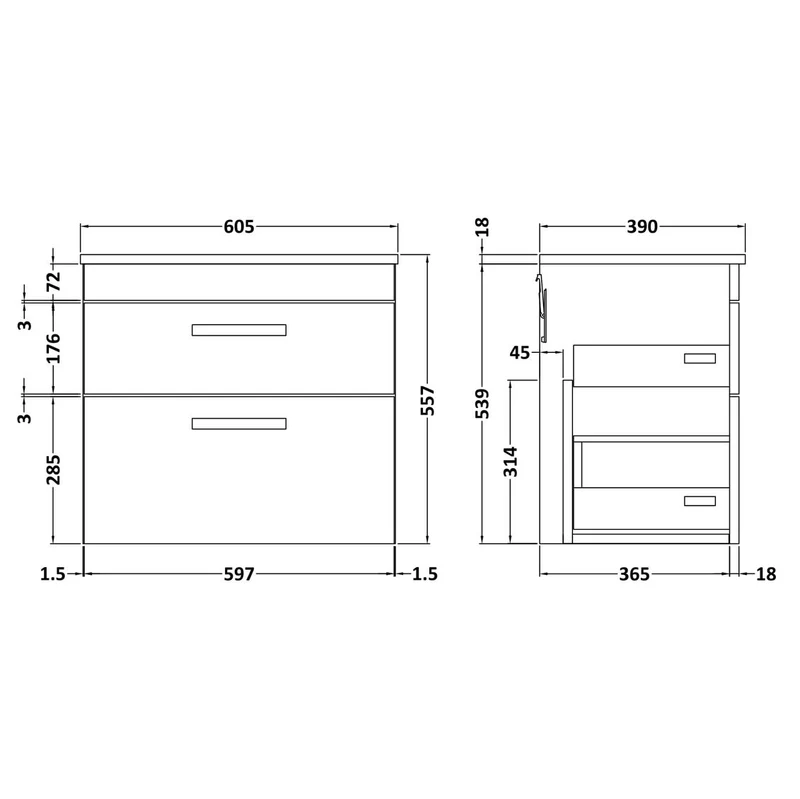 Cape 600mm Wall Hung 2 Drawer Vanity Unit & Worktop - Gloss Grey