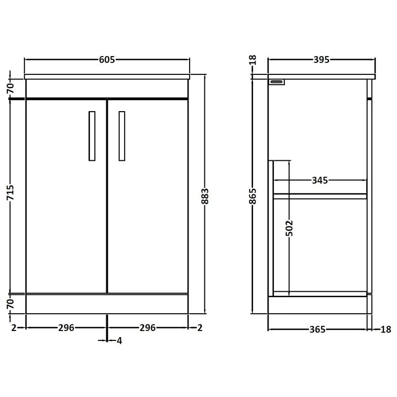 Cape 600mm Floor Standing 2 Door Vanity Unit & Worktop - Gloss Grey