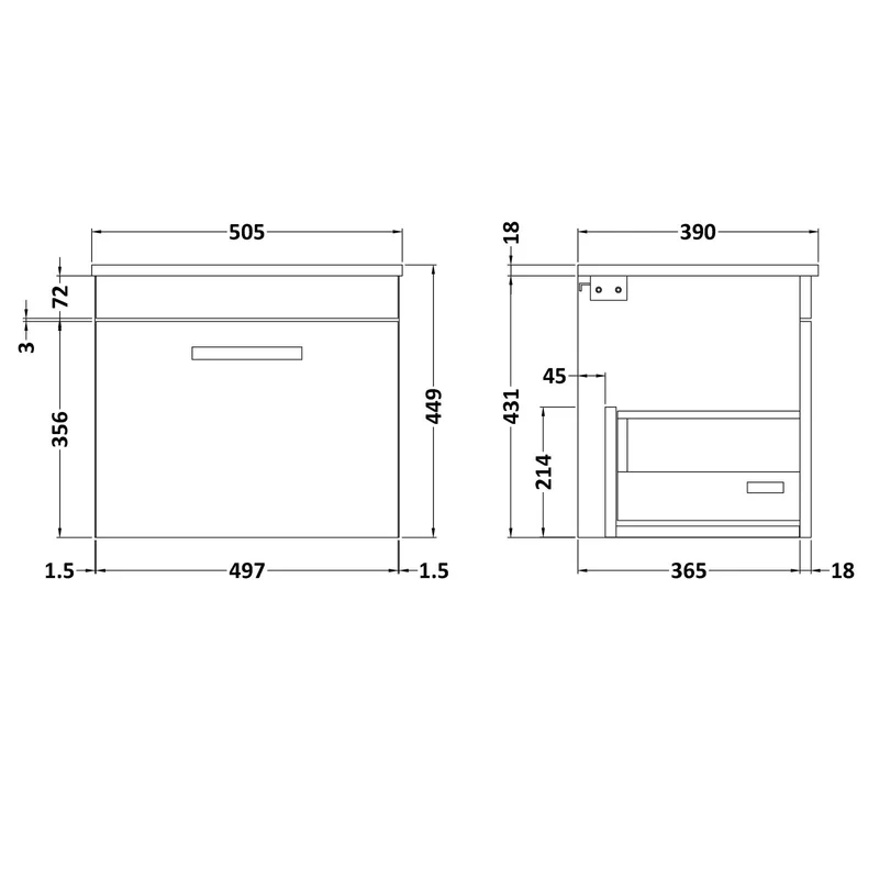 Cape 500mm Wall Hung Single Drawer Vanity Unit & Worktop - Anthracite Woodgrain