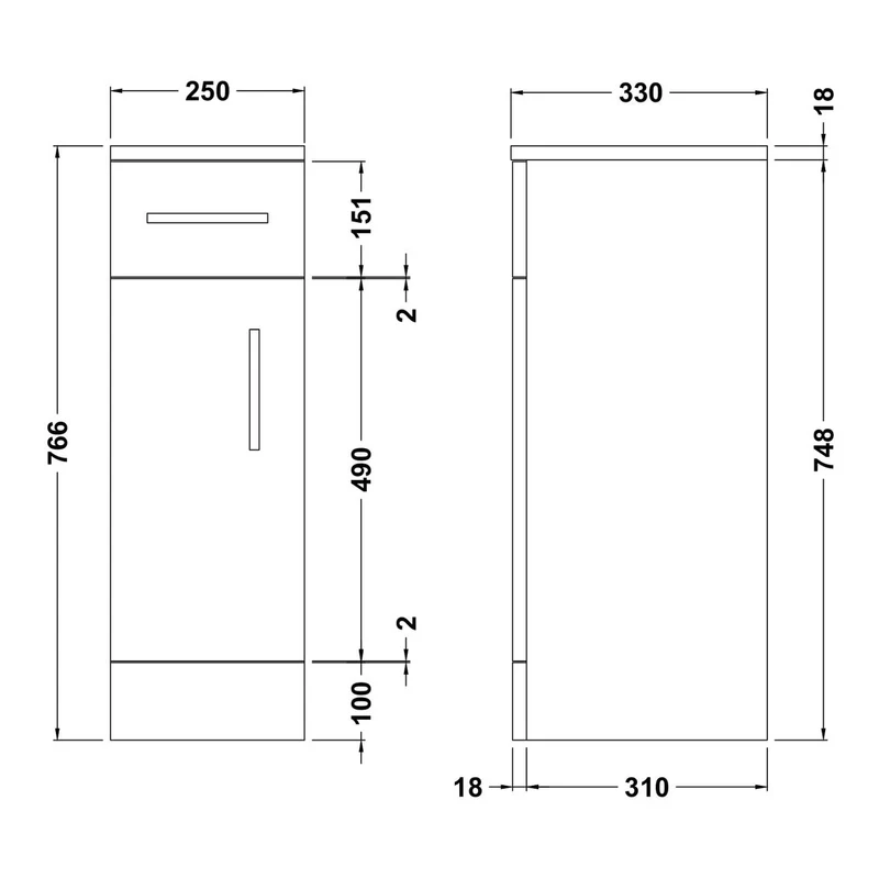 Layla 250mm Cupboard Unit, 330mm Deep - Gloss White
