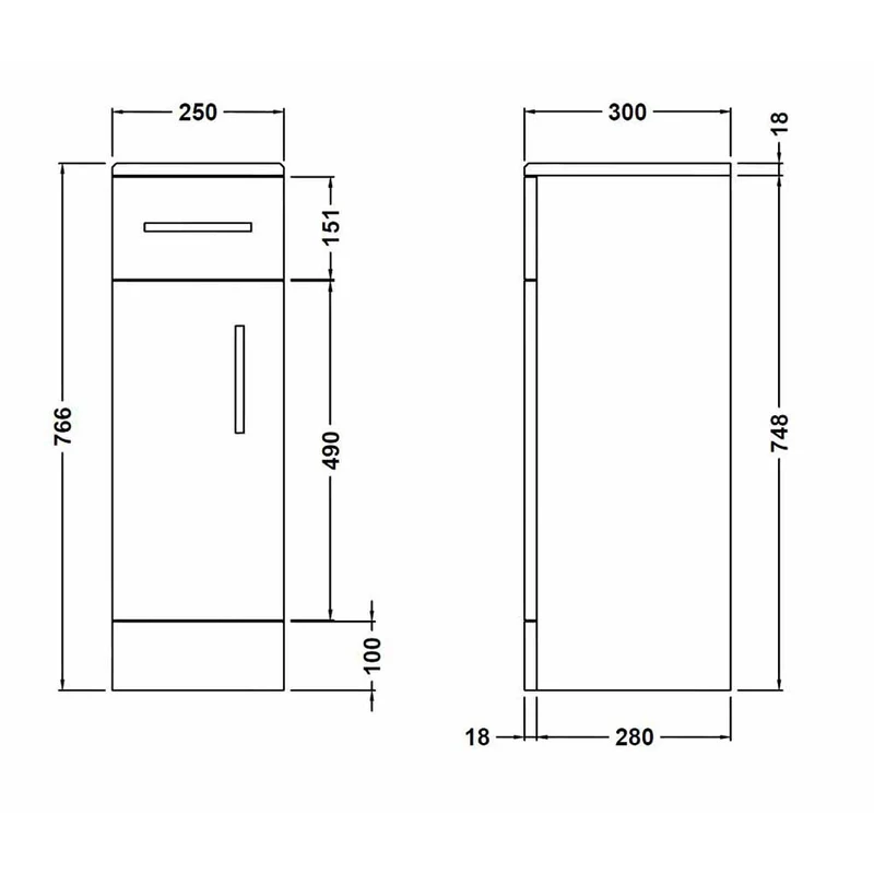 Layla 250mm Cupboard Unit, 300mm Deep - Gloss White