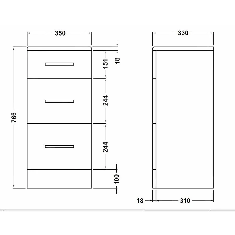 Layla 350mm 3 Drawer Unit, 330mm Deep - Gloss White
