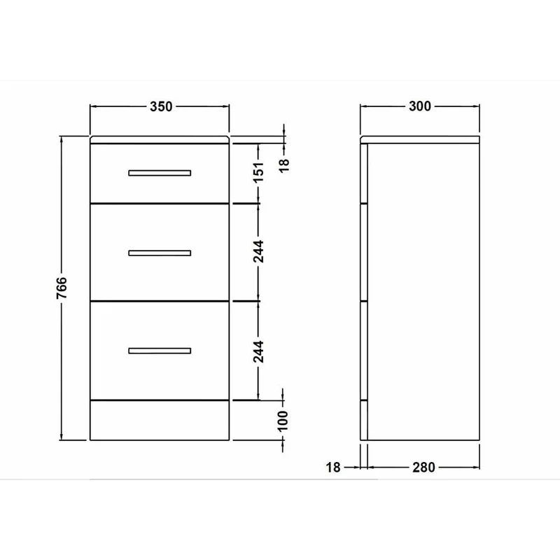 Layla 350mm 3 Drawer Unit, 300mm Deep - Gloss White