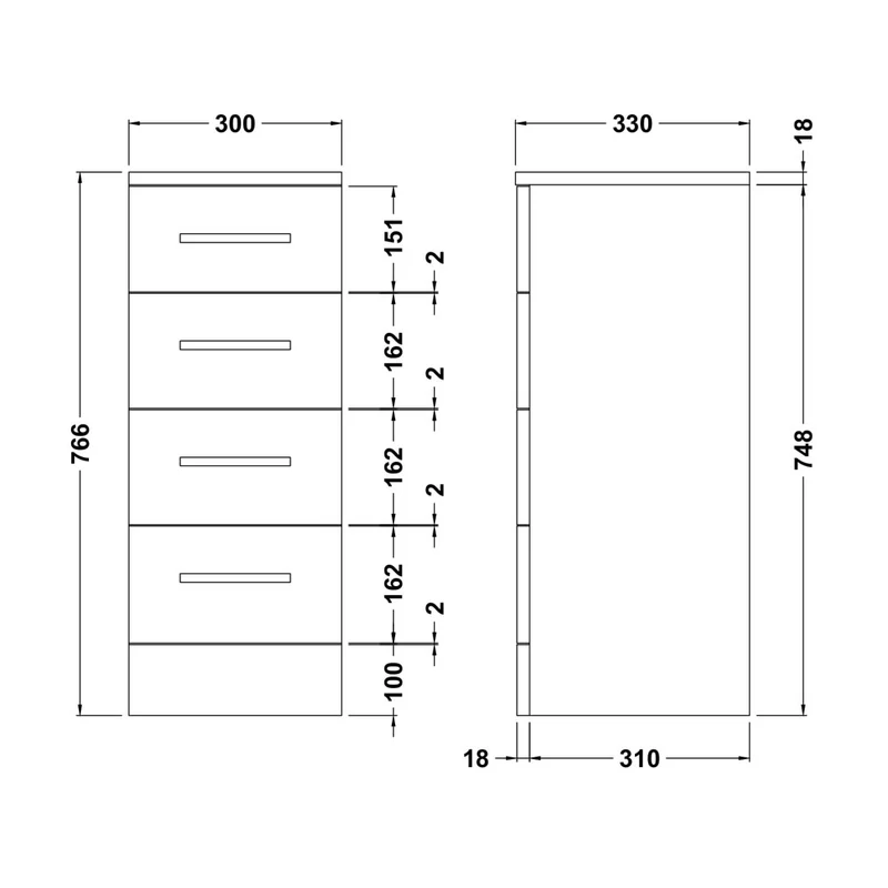 Layla 300mm 4 Drawer Unit, 330mm Deep - Gloss White