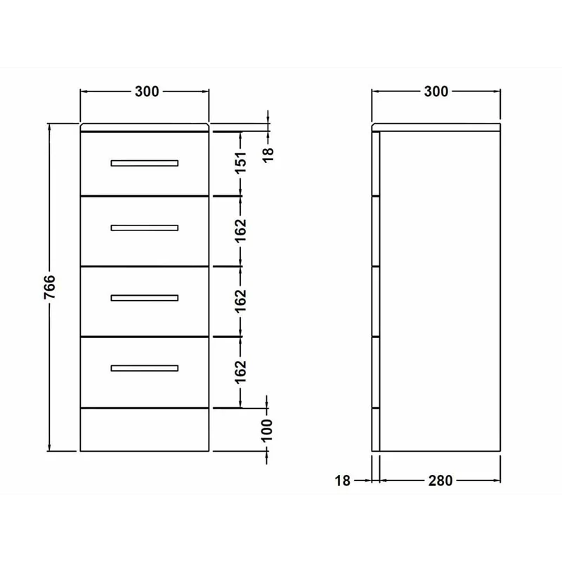 Layla 300mm 4 Drawer Unit, 300mm Deep - Gloss White