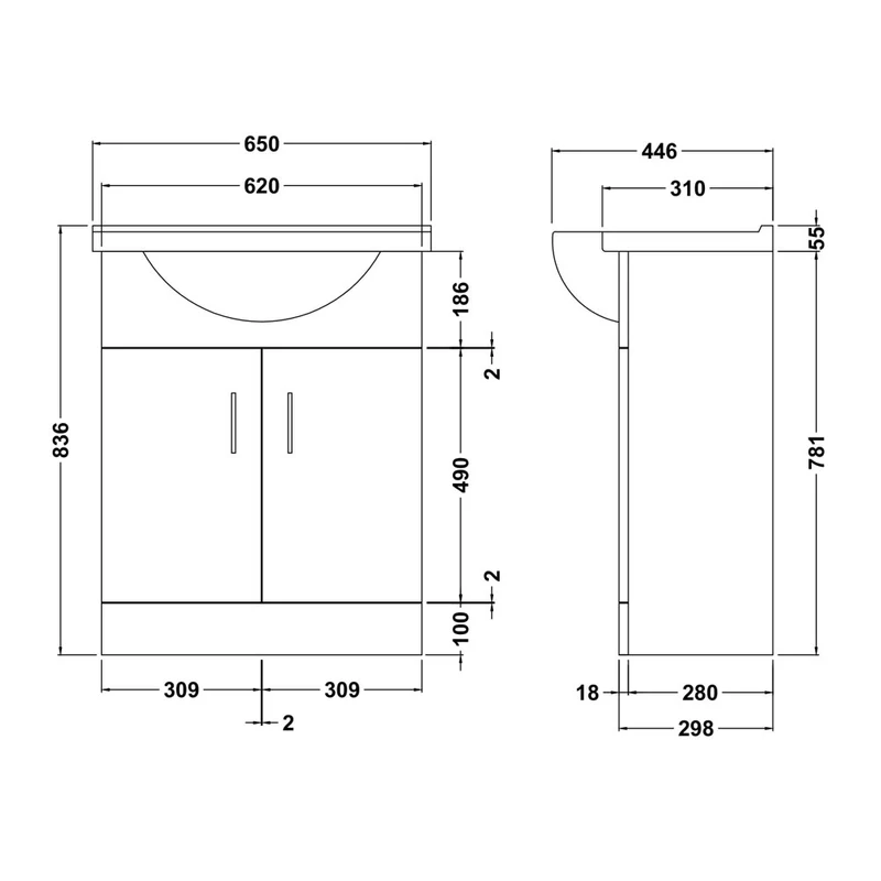 Layla 650mm Floor Standing Vanity Unit & Basin - Gloss White