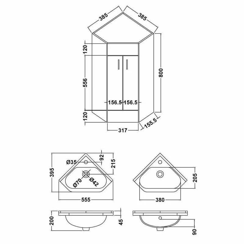 Layla 2 Door Corner Vanity Unit & Basin - Gloss White