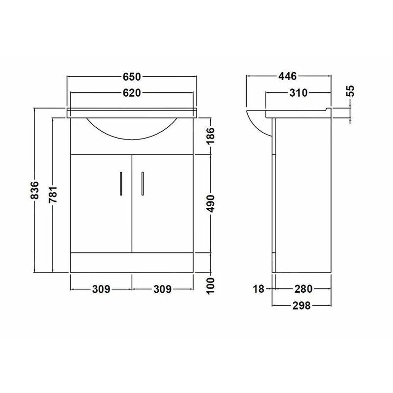 Layla 650mm Floor Standing Vanity Unit & Square Basin - Gloss White