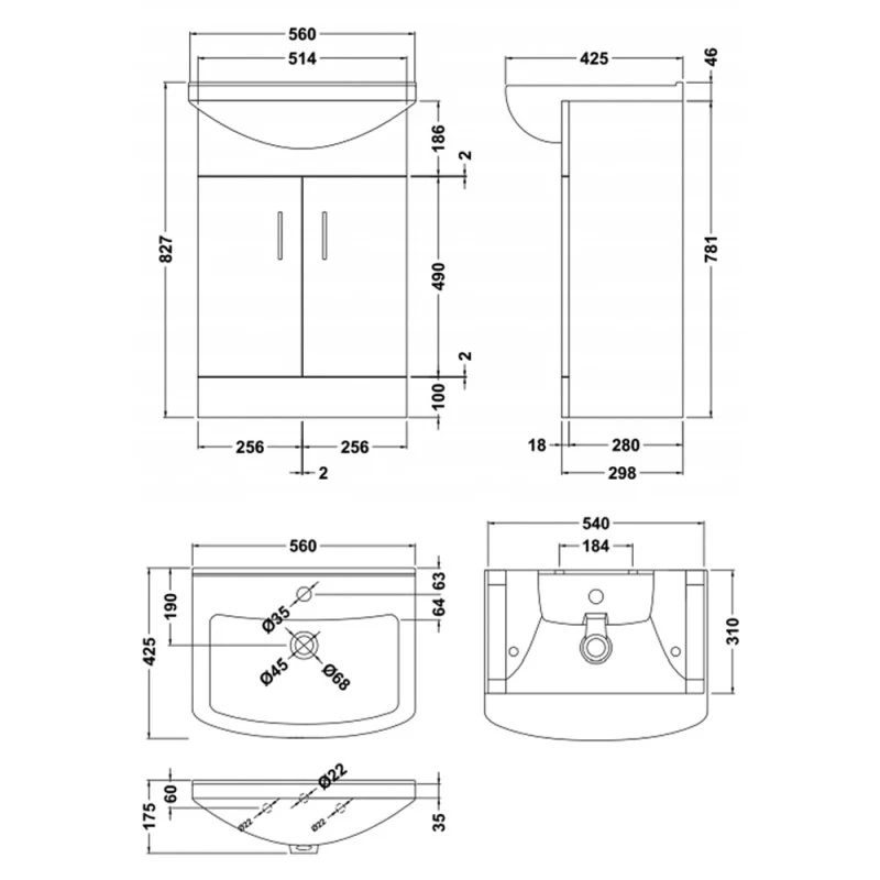 Layla 550mm Floor Standing Vanity Unit & Square Basin - Gloss White
