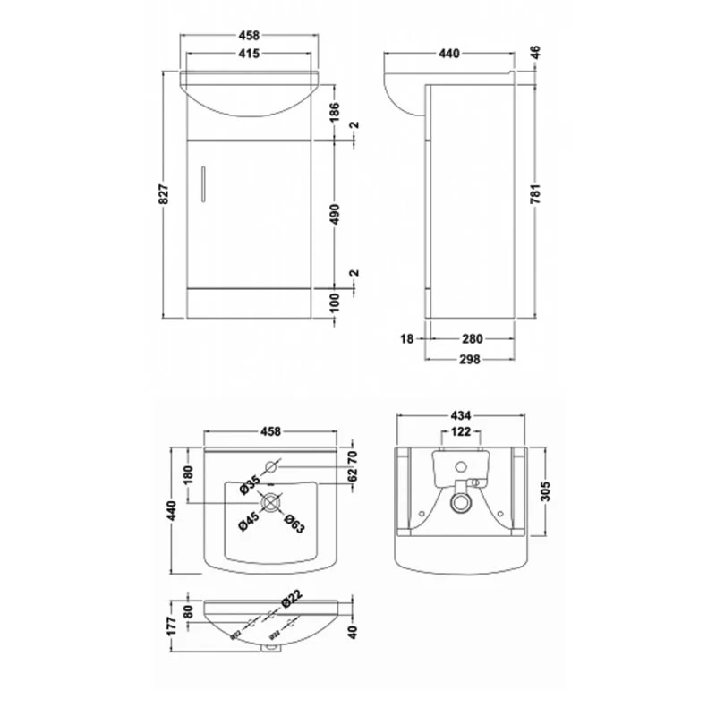 Layla 450mm Floor Standing Vanity Unit & Square Basin - Gloss White