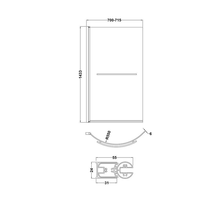 Nuie Curved P-bath Screen With Rail Contemporary Chrome Aluminium 1430x715x185mm