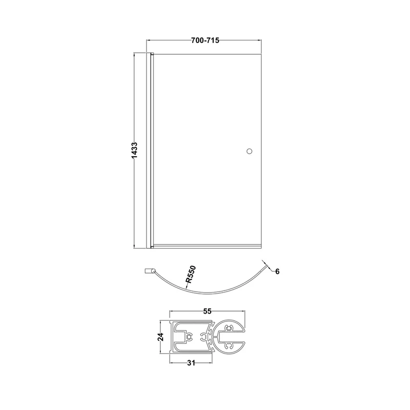Nuie Curved P-bath Screen With Knob Contemporary Chrome Aluminium 1433x715x185mm