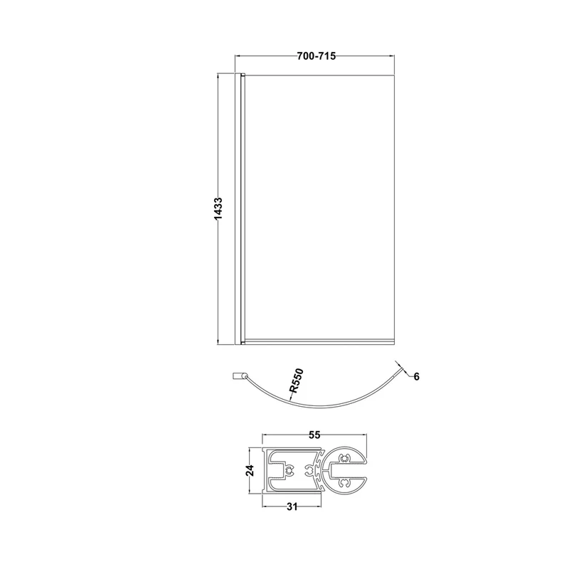 Nuie P-bath Screen Contemporary Matt Black Aluminium 1430x715x185mm