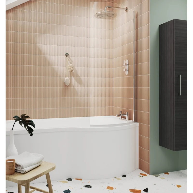 Nuie P' Curved Bath Screen (5mm Glass) Contemporary Chrome Aluminium 1430x715x185mm