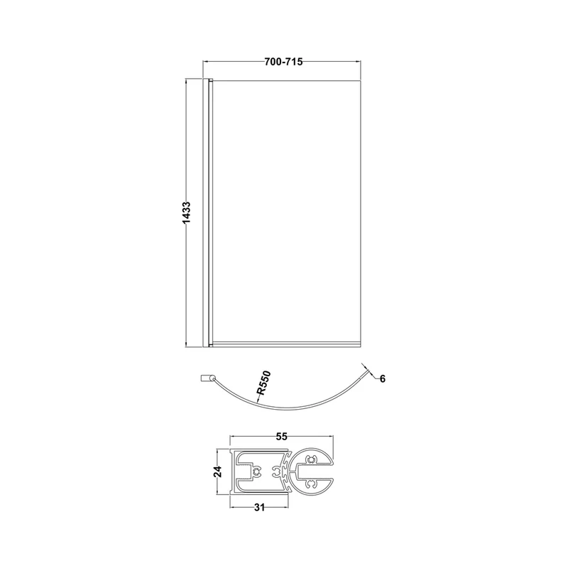 Nuie P' Curved Bath Screen (5mm Glass) Contemporary Chrome Aluminium 1430x715x185mm