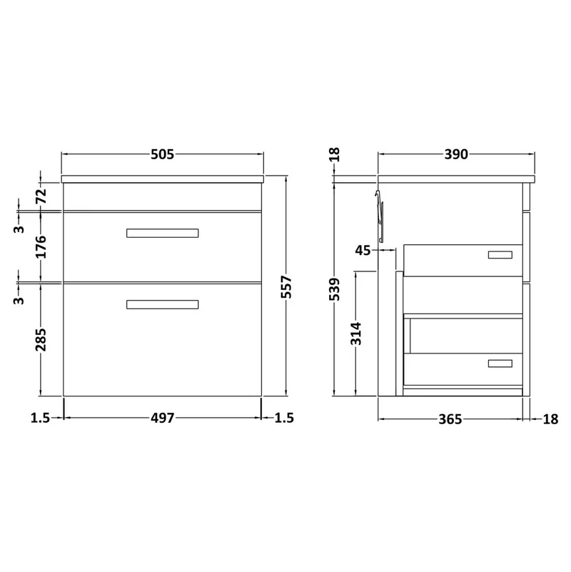 Cape 500mm Wall Hung 2 Drawer Vanity Unit & Worktop - Gloss Grey