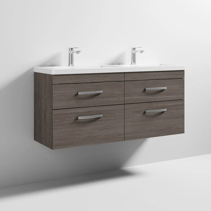 Cape 1200mm Wall Hung 4 Drawer Vanity Unit & Double Ceramic Basin - Anthracite Woodgrain