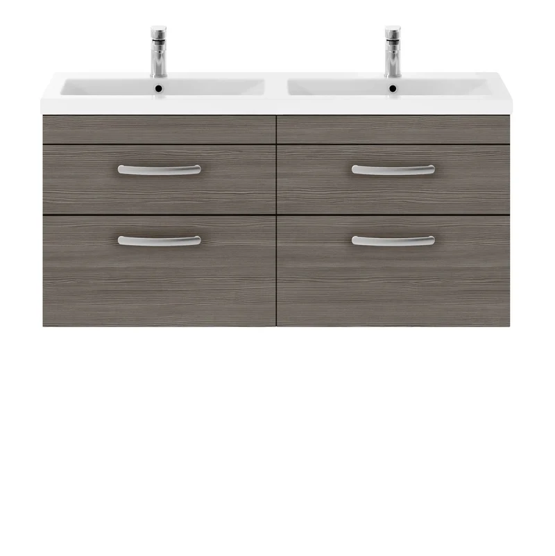 Cape 1200mm Wall Hung 4 Drawer Vanity Unit & Double Ceramic Basin - Anthracite Woodgrain
