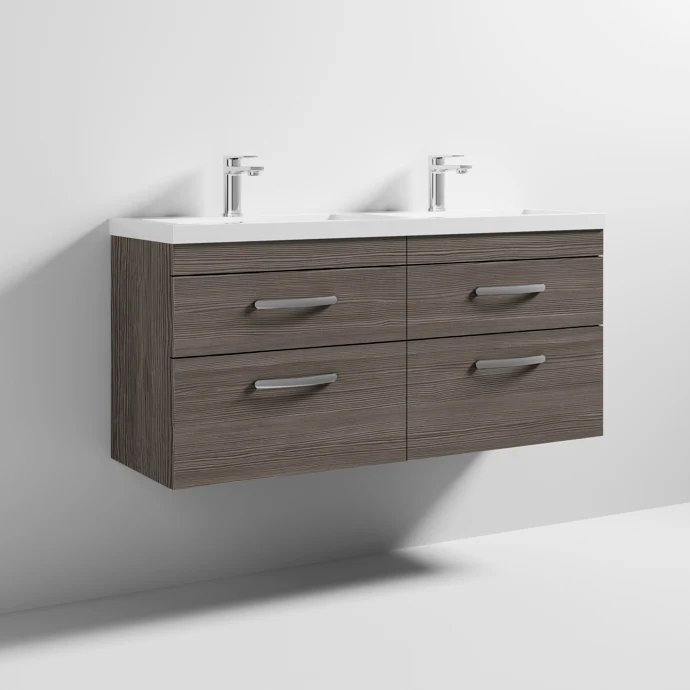 Cape 1200mm Wall Hung 4 Drawer Vanity Unit & Double Resin Basin - Anthracite Woodgrain