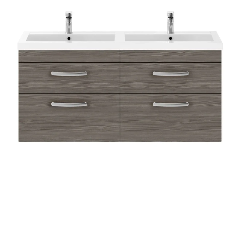 Cape 1200mm Wall Hung 4 Drawer Vanity Unit & Double Resin Basin - Anthracite Woodgrain