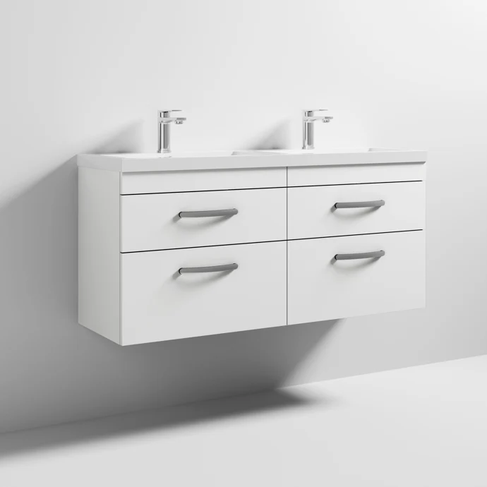 Cape 1200mm Wall Hung 4 Drawer Vanity Unit & Double Resin Basin - Gloss White