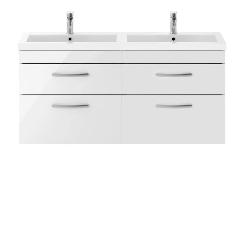 Cape 1200mm Wall Hung 4 Drawer Vanity Unit & Double Resin Basin - Gloss White