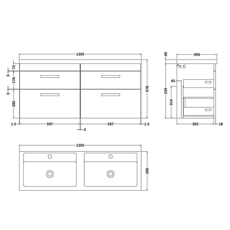 Cape 1200mm Wall Hung 4 Drawer Vanity Unit & Double Resin Basin - Gloss White