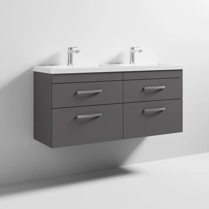 Cape 1200mm Wall Hung 4 Drawer Vanity Unit & Double Ceramic Basin - Gloss Grey