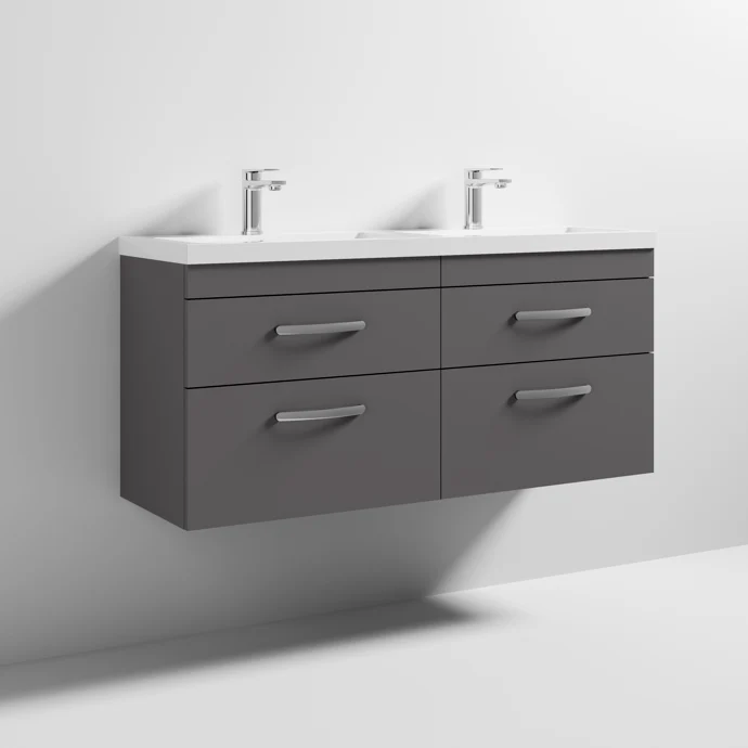 Cape 1200mm Wall Hung 4 Drawer Vanity Unit & Double Resin Basin - Gloss Grey