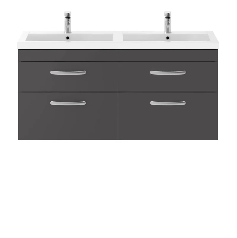 Cape 1200mm Wall Hung 4 Drawer Vanity Unit & Double Resin Basin - Gloss Grey
