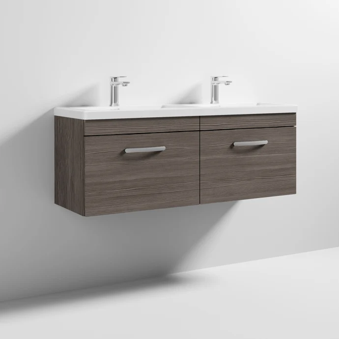 Cape 1200mm Wall Hung 2 Drawer Vanity Unit & Double Ceramic Basin - Anthracite Woodgrain