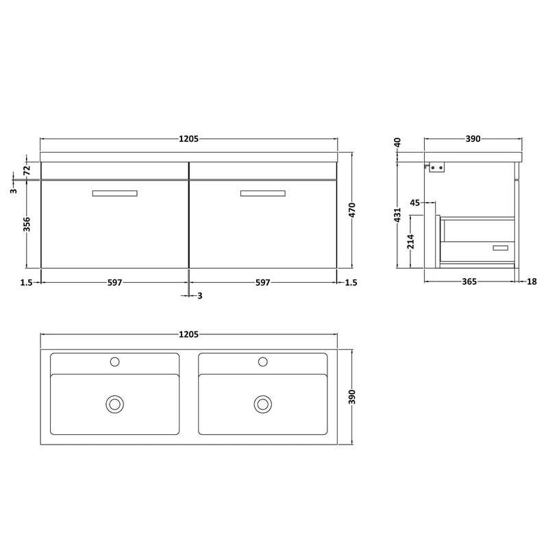 Cape 1200mm Wall Hung 2 Drawer Vanity Unit & Double Ceramic Basin - Gloss White
