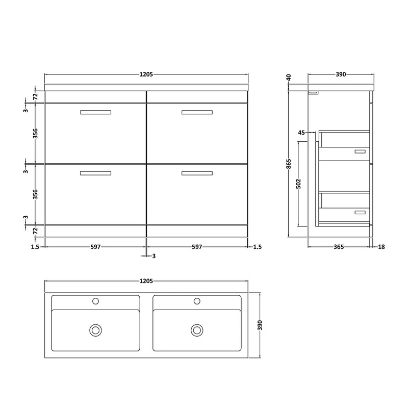 Cape 1200mm Floor Standing 4 Drawer Vanity Unit & Double Ceramic Basin - Gloss White