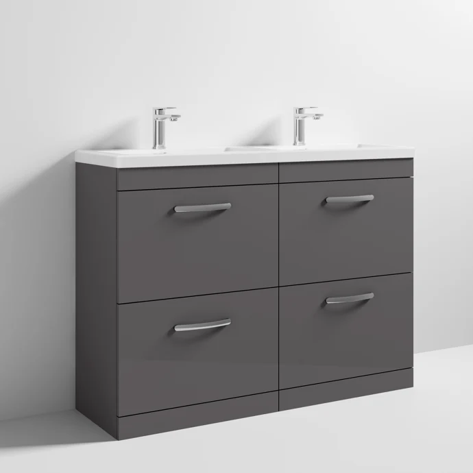 Cape 1200mm Floor Standing 4 Drawer Vanity Unit & Double Ceramic Basin - Gloss Grey