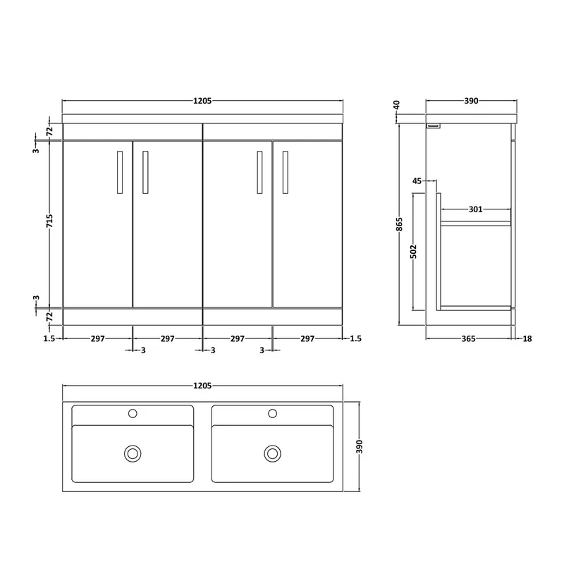 Cape 1200mm Floor Standing 4 Door Vanity Unit & Double Resin Basin - Gloss White