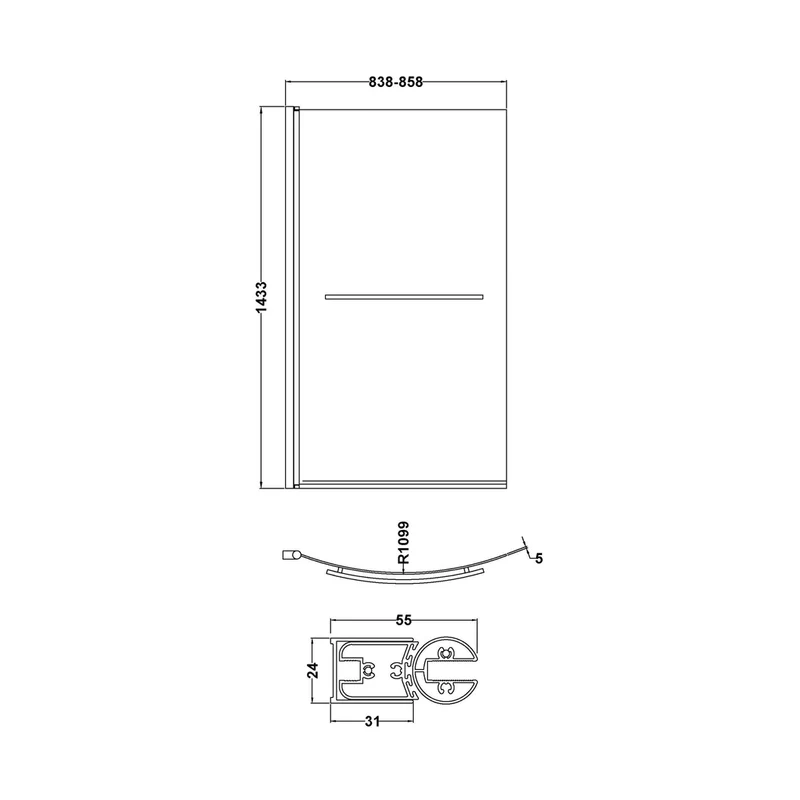Nuie Curved B-bath Screen With Rail Contemporary Chrome Aluminium 1433x858x185mm
