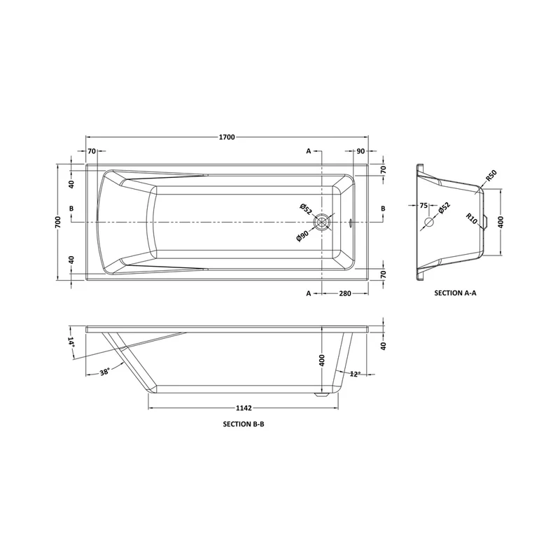 Nuie Linton Eternalite Square Single Ended Bath 1700 X 700mm Contemporary White Acrylic Eternalite