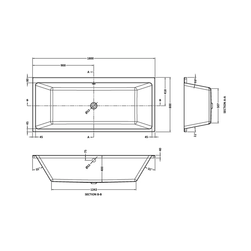 Nuie Asselby Thin Edge Double Ended Bath 1800 X 800mm Contemporary White Acrylic