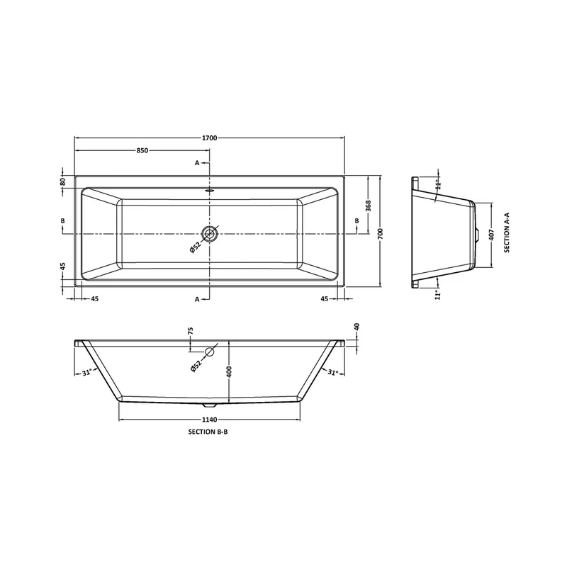 Nuie Asselby Thin Edge Double Ended Bath 1700 X 700mm Contemporary White Acrylic