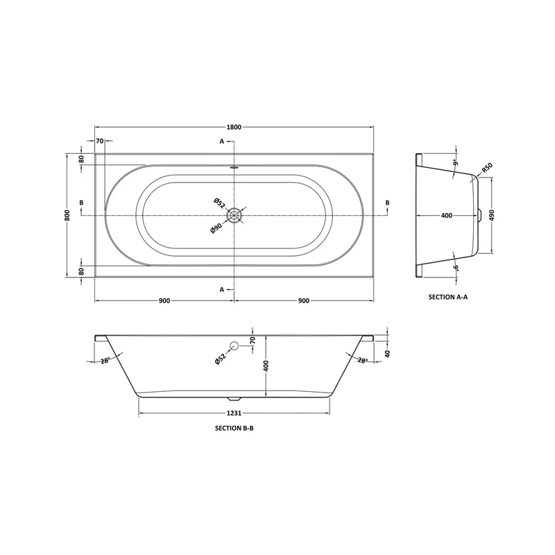 Nuie Otley Round Double Ended Bath 1800 X 800mm Contemporary White Acrylic