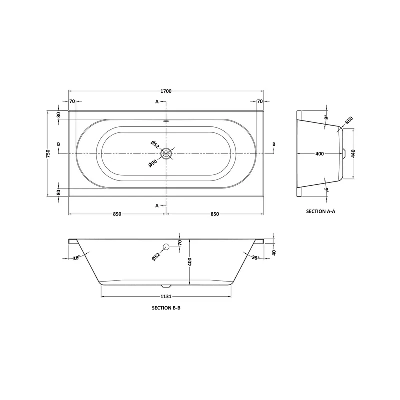 Nuie Otley Round Double Ended Bath 1700 X 750mm Contemporary White Acrylic