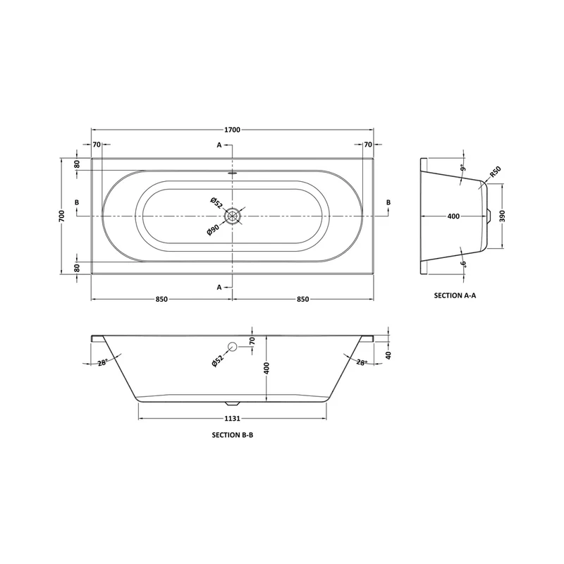 Nuie Otley Round Double Ended Bath 1700 X 700mm Contemporary White Acrylic