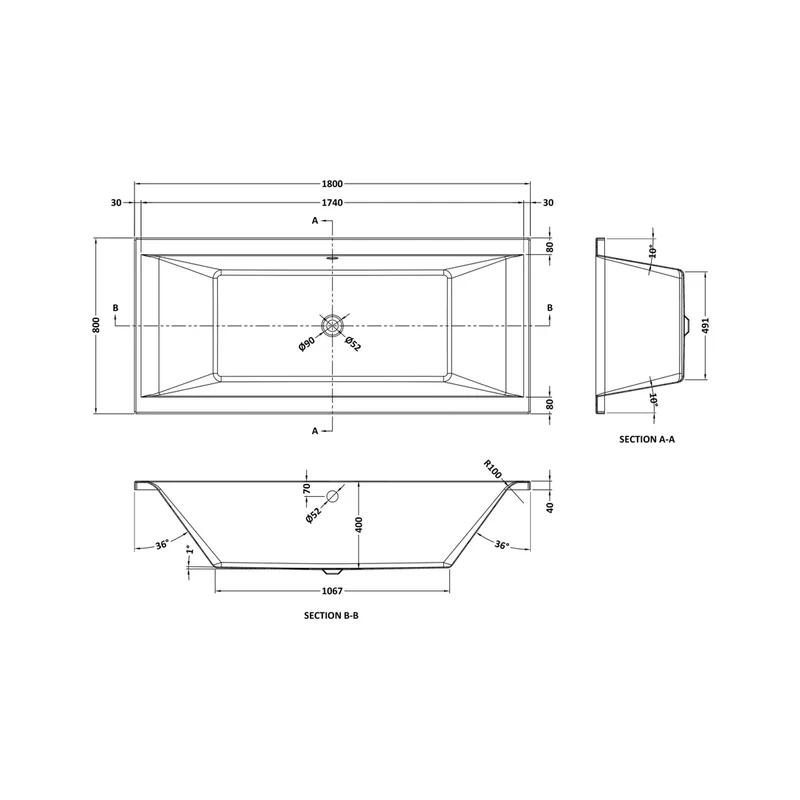Nuie Asselby Square Double Ended Bath 1800 X 800mm Contemporary White Acrylic